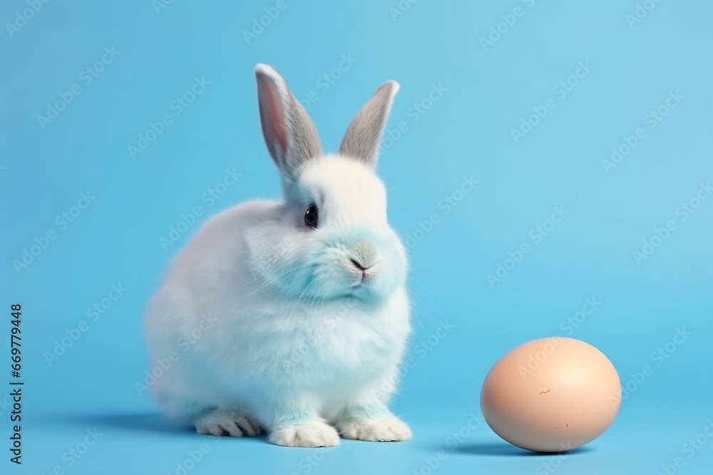 Cute bunny with egg on blue background. Generative AI