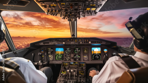 Modern commercial jet aircraft cockpit and pilots.