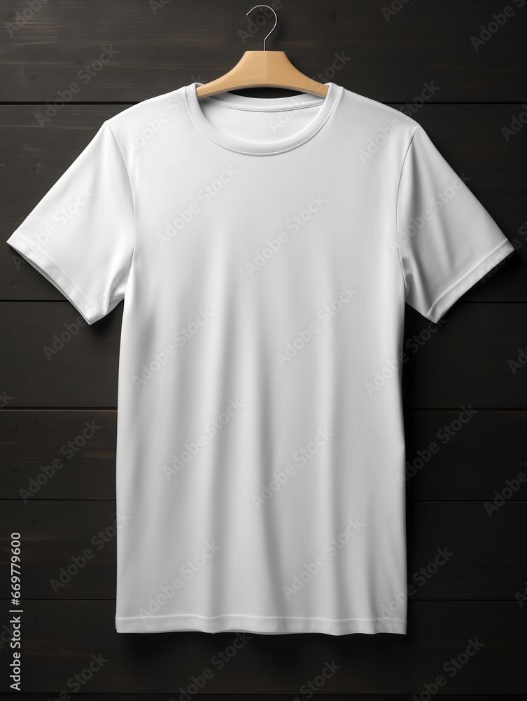 A mock up of a plain white luxury soft tee shirt on a hanger. Generative AI. A mock up of a plain white luxury soft tee shirt on a hanger. Generative AI.