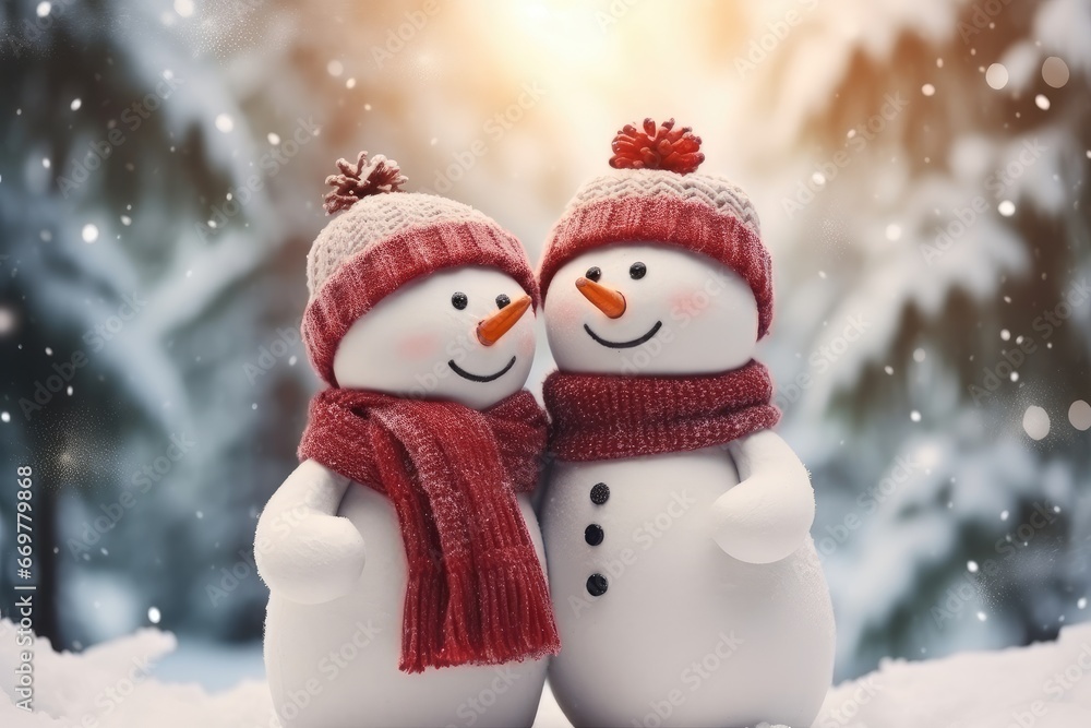 a family of snowmen in a fairy-tale snowy forest wearing a hat and scarf. New Year winter card. Christmas snow characters. cold time. a family of snowmen in a fairy-tale snowy forest wearing a hat and scarf. New Year winter card. Christmas snow characters. cold time.
