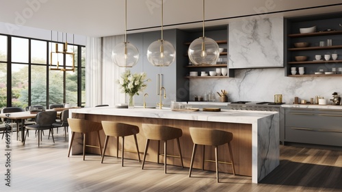 A chic, open-concept kitchen with marble countertops, a chef's island, and statement pendant lights, merging culinary sophistication with contemporary style © ishtiaaq