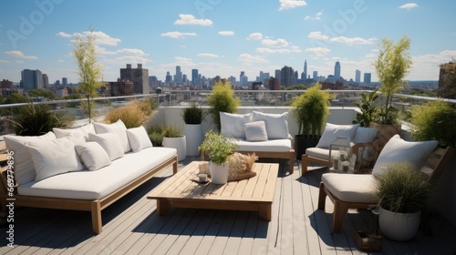 Beautiful comfortable seating areas on rooftop with garden.