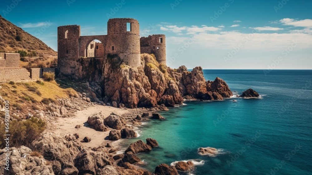 A coastal fortress overlooking a turquoise sea, its weathered stones telling tales of a bygone era