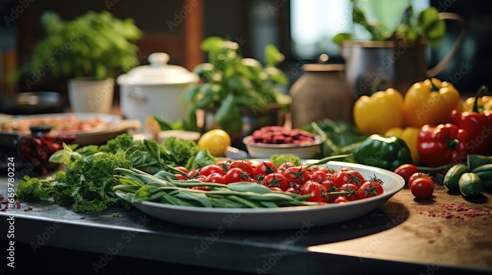 Fresh ingredients for cooking are laid out in kitchen.