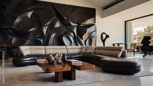 A contemporary living room with a modular leather sofa, a statement coffee table, and artful wall sculptures, exuding a sense of artistic modernity