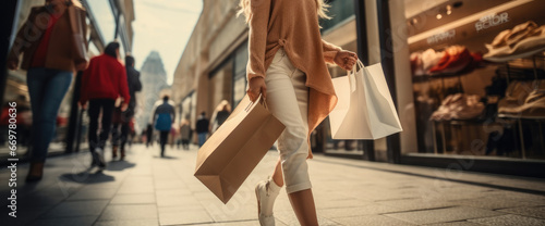 Women shoppers with shopping bags on the city street.