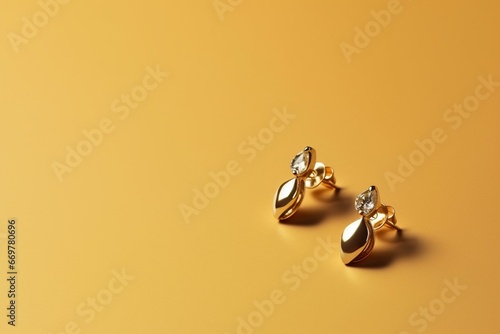 Close-up of gold earrings on solid color background. Generative AI