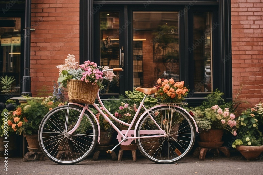 A bike with a basket of flowers parked by a brick building with a flower box in front. Generative AI