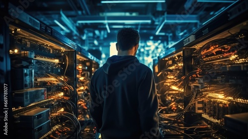 Network engineer checking signal digital connections in a room filled with technology.