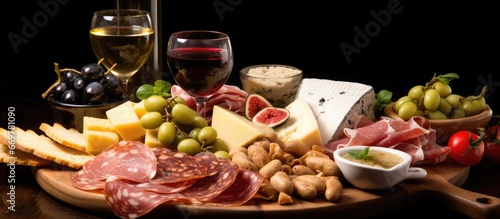 Assorted Italian appetizers diverse cheese Mediterranean olives pickles Prosciutto di Parma and salami