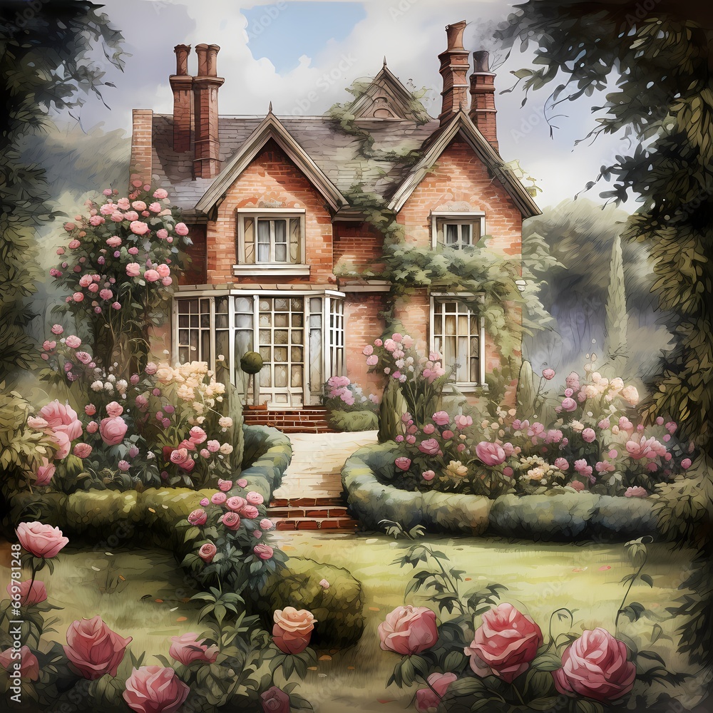 old English house in the country with garden in mural painting