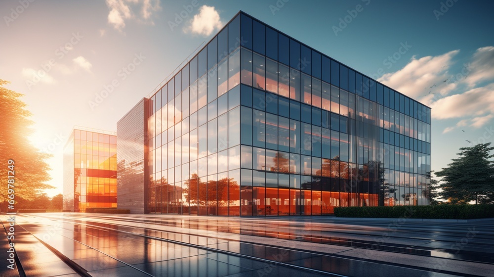 A contemporary office building with a facade of steel and glass, gleaming in the sunlight