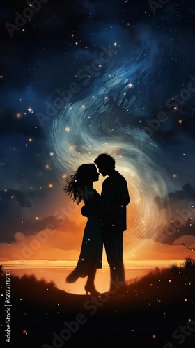 Wallpaper Mural starry night sky couple kissing under bright star filled sundown misty firefly wisps born holding intimately chimeric connecting life give higher love golden thread swirl Torontodigital.ca