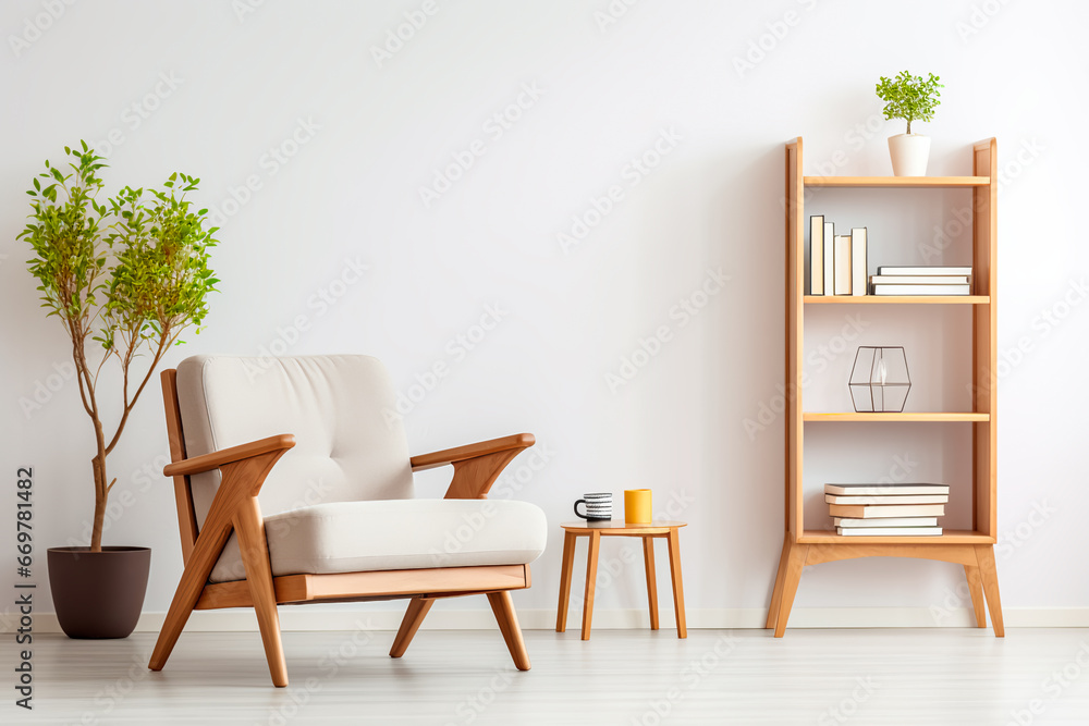In the modern living room, a Scandinavian interior design is highlighted by a wooden bookshelf and an armchair.
