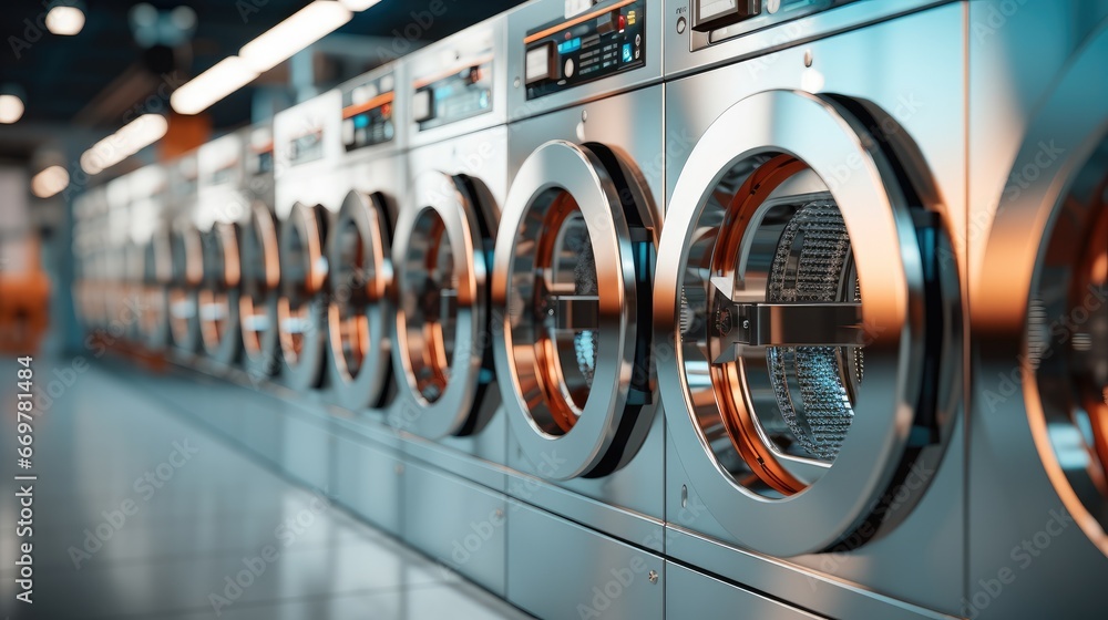 Row of self-service clothes dryer, Laundry machines. - obrazy, fototapety, plakaty 