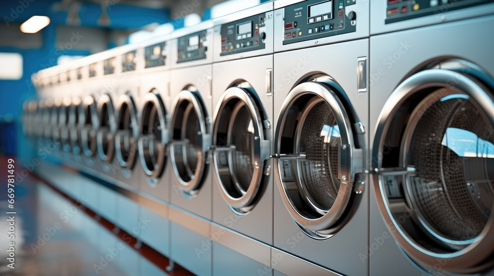 Row of self-service clothes dryer, Laundry machines. - obrazy, fototapety, plakaty 