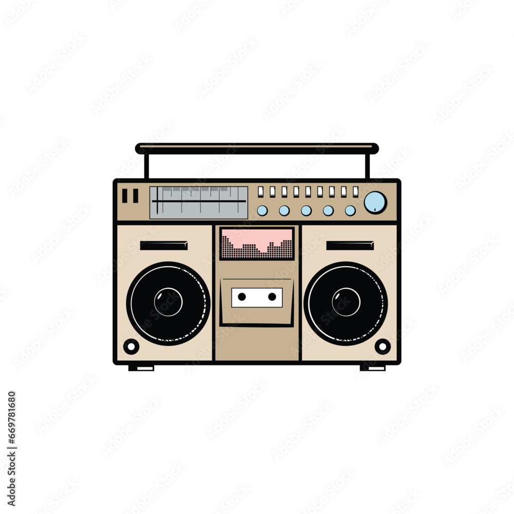 Retro Vintage Portable Stereo Boombox Radio Cassette Recorder for Music Sound Illustration