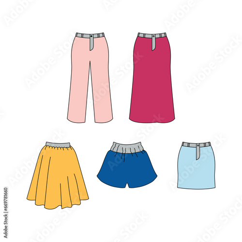 Collection Flat Style of Women Cloth Skirt Long Pants wear Wardrobe Apparel Design Illustration