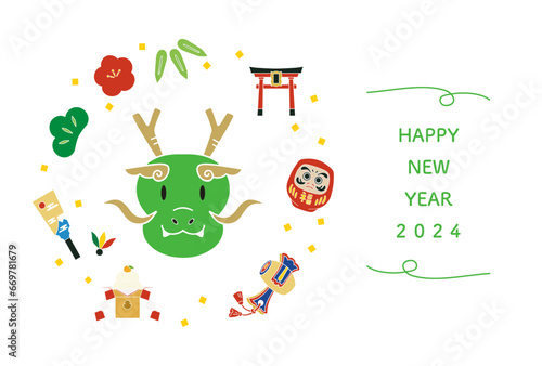 2024年、辰年、年賀状用テンプレート、かわいいドラゴン