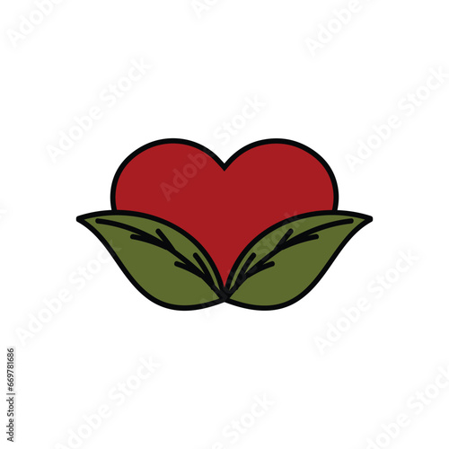 Simple Minimalist Green Leaf with Red Love Heart Symbol Icon Illustration