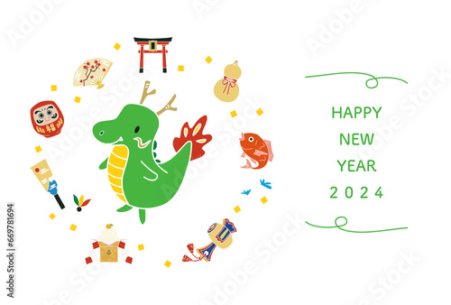 2024年、辰年、年賀状用テンプレート、かわいい竜
