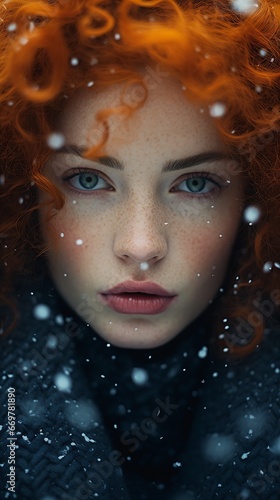 redhead haired woman blue eyes red hair snow sexy lips unusually unique beauty transparent small nose freckles looks young talented flawless face tundra covid human niflheim photo