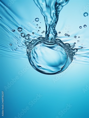 Crystal clear water drop splash on blue background AI