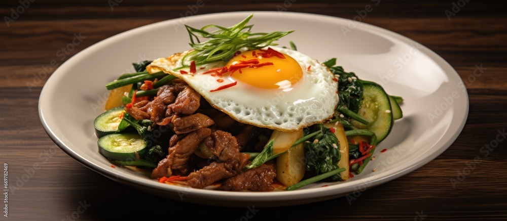 Stir fried basil with liver fried egg cucumber galangal garlic lemon and chili on a wood