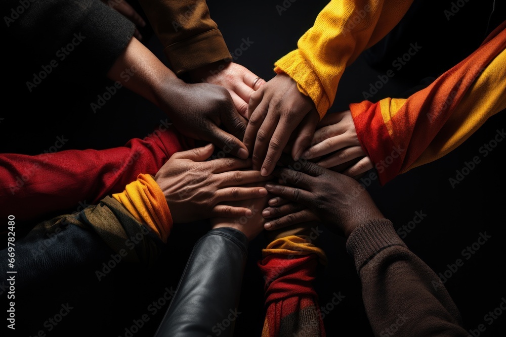 Hands of different ethnicities united in a circle, showcasing the power of global unity and peace .Generative AI. Hands of different ethnicities united in a circle, showcasing the power of global unity and peace .Generative AI.