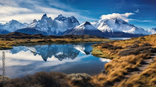 A breathtaking Patagonian landscape with majestic mountains mirrored in a serene lake captures nature's grandeur. Generative AI.