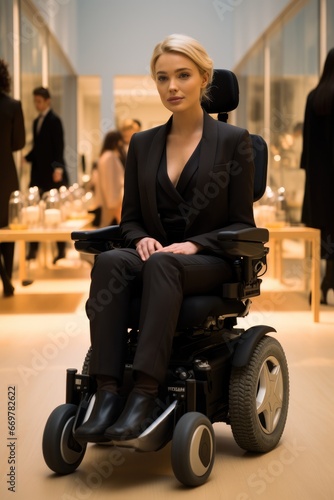 Woman quadriplegic in wheelchair is shopping in an exclusive fashion boutique.
