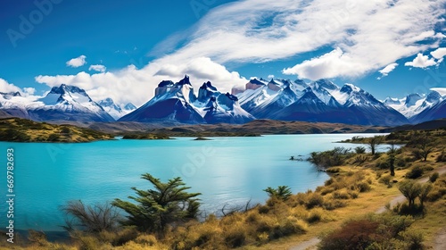 A breathtaking Patagonian landscape with majestic mountains mirrored in a serene lake captures nature s grandeur. Generative AI.