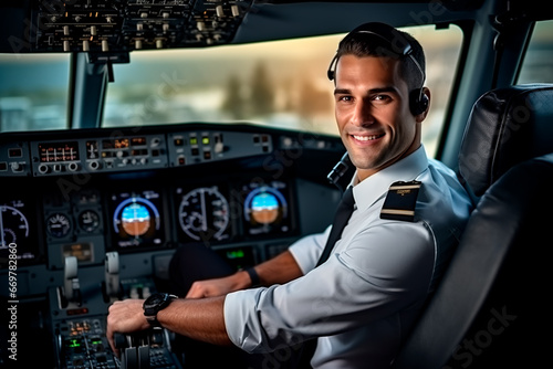 Portrait of a European pilot in an airplane in the cockpit. A pilot at his workplace. Bright image.  © Uliana