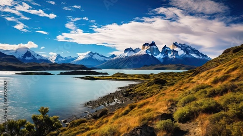 A breathtaking Patagonian landscape with majestic mountains mirrored in a serene lake captures nature's grandeur. Generative AI.