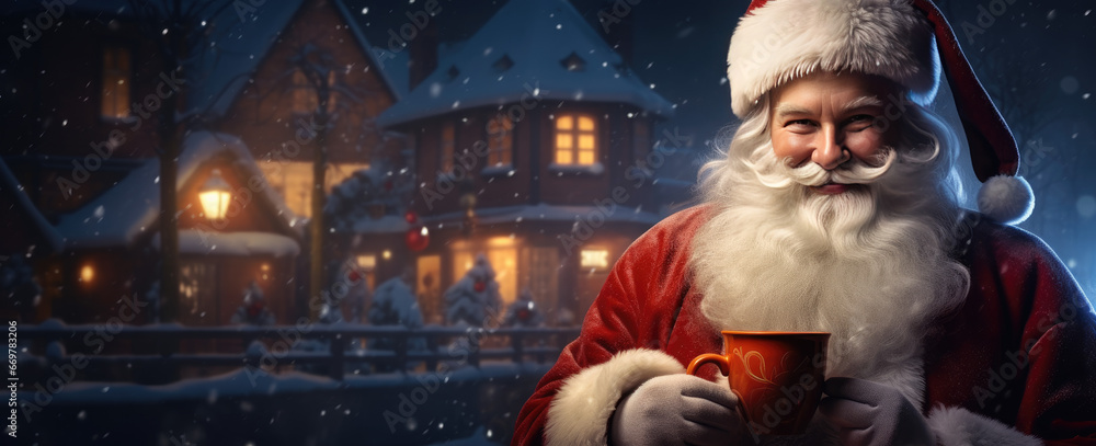 Santa Claus holding a cup of coffee, with copy space for text