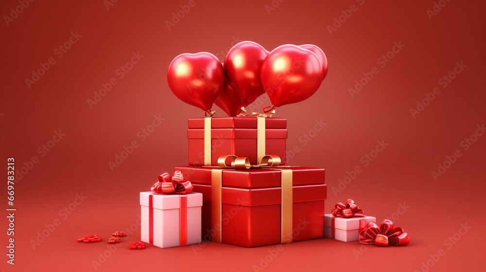 Cartoon new year festive themes such as balloons, lanterns, gift boxes with red envelopes, and coins are included. Isolated against a red background