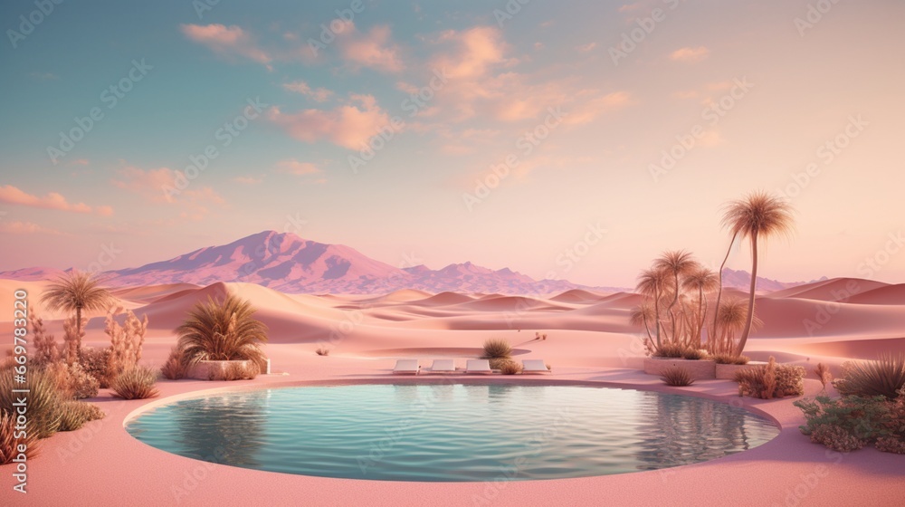 A desert oasis at midday, featuring soft tans and dusty rose hues against a backdrop of golden dunes and azure sky