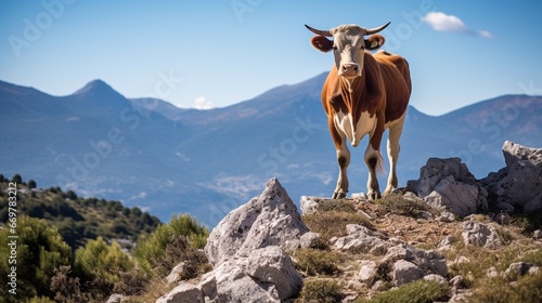 A cow standing on a rocky ridge along the GR20 hiking trail on the island of Corsica photo