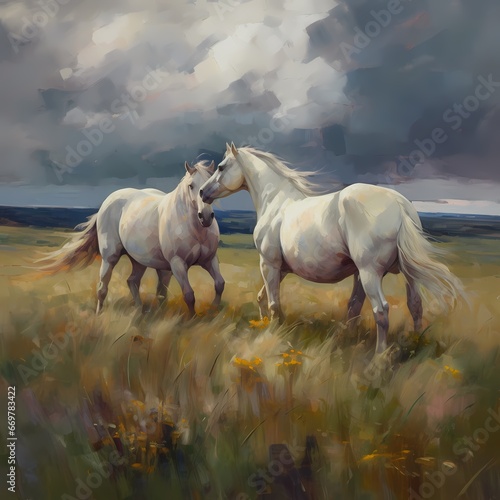 white horse on meadow in oil painting and acrylic painting style