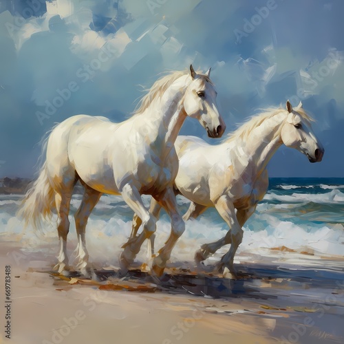 white horse on the beach in oil painting and acrylic painting style © Wipada