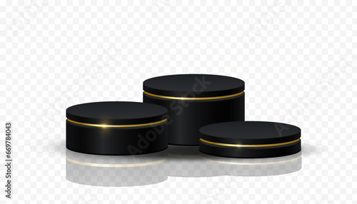 3 podium dark gold stand, cylindrical pedestal display isolated on isolated background. Vector eps for display product	