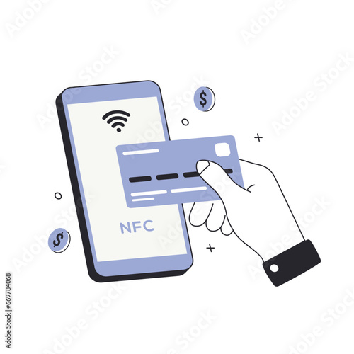 NFC wireless payment technology. Near field communication by smartphone, contactless pay pass fast payment. Financial technology concept