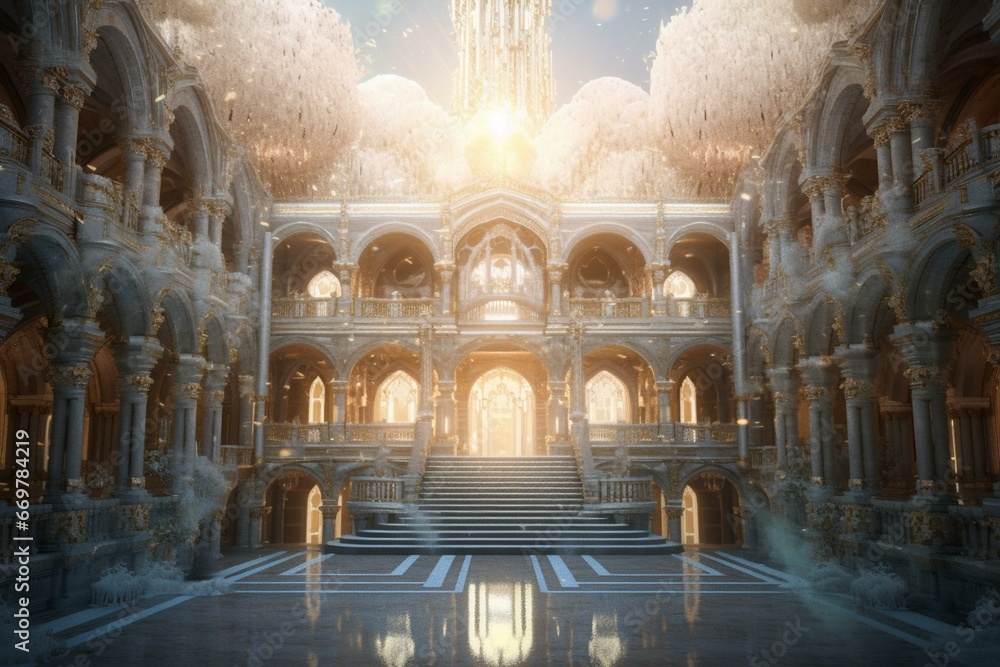 A radiant Narnia light shining on a majestic palace. Generative AI