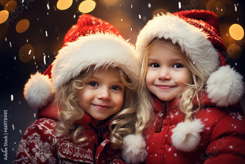 Children dressed as Santa Claus are happily celebrating Christmas