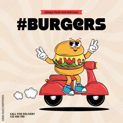 Poster with funky cartoon Characters Burgers in groovy style. Retro card for delivery service. Vintage hippie design and slogan for burger bar  restaurant  social media  posts. Vector art