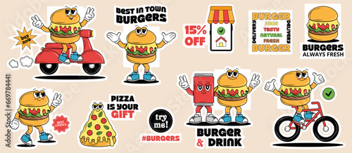 Set of funky cartoon Characters Burgers, Pizza, Drink in groovy style. Retro delivery stickers. Vintage hippie elements and slogan quote for burger bar, service, restaurant, cafe. Vector art