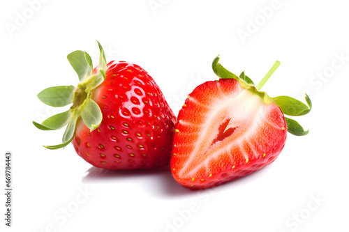 Closeup fresh ripe strawberry and cut in halt with green leaf isolated on white background, fruit healt care concept