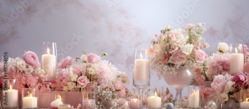 Elegant wedding decoration with floral design luxurious glass and candles