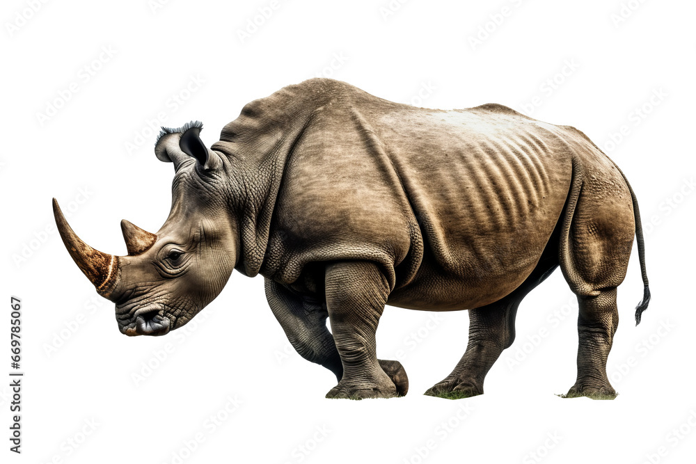 Fototapeta premium Isolated side view of walking rhino on transparent background.