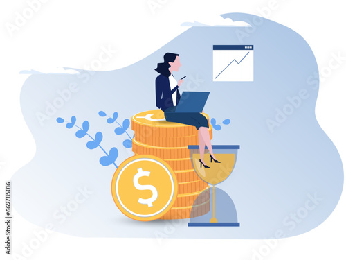 Businesswomen invest money. Woman managing financial chart. Concept of ROI, return on investment, financial solutions. Vector illustration.